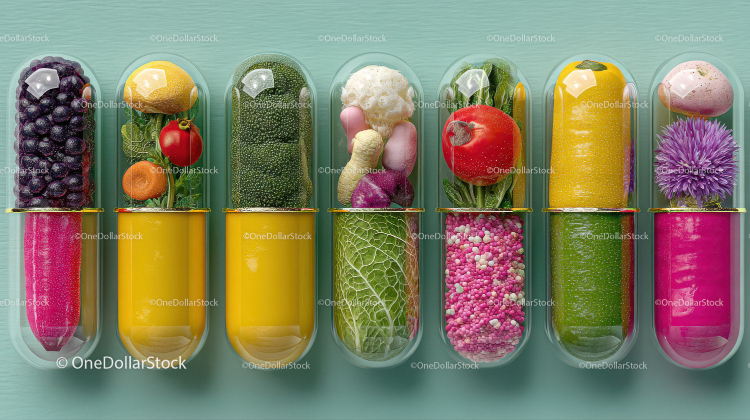 Colorful Array of Fruits and Vegetables in Test Tubes for Food Display