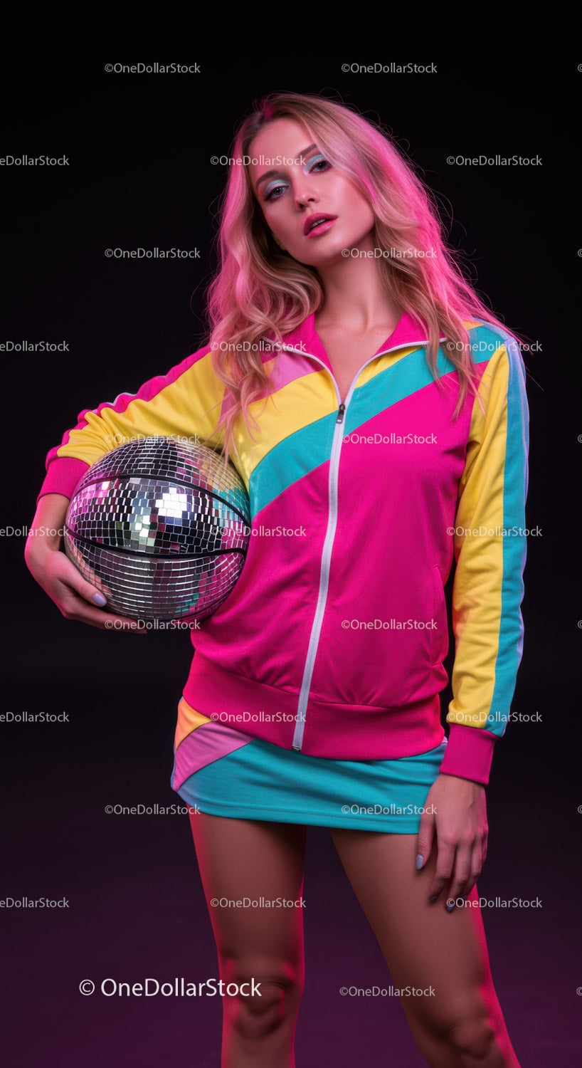 Stylish Woman with Pink Hair Holding Disco Ball in Colorful Tracksuit