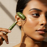 Young Woman Using Jade Face Roller for Skin Rejuvenation