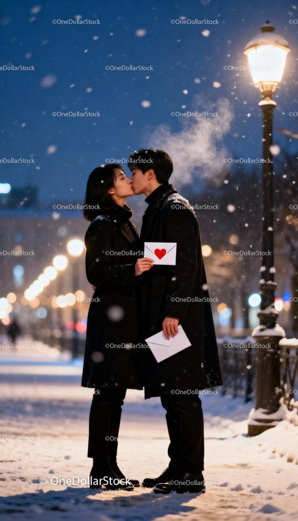 Couple sharing a romantic kiss in snowy evening light