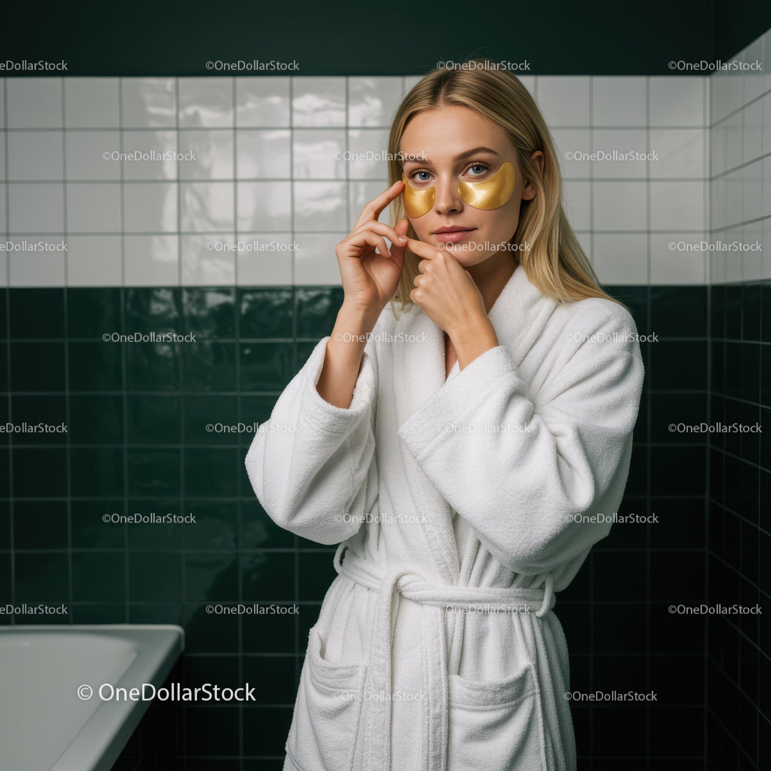 Young woman with gold eye patches in skincare spa relaxing