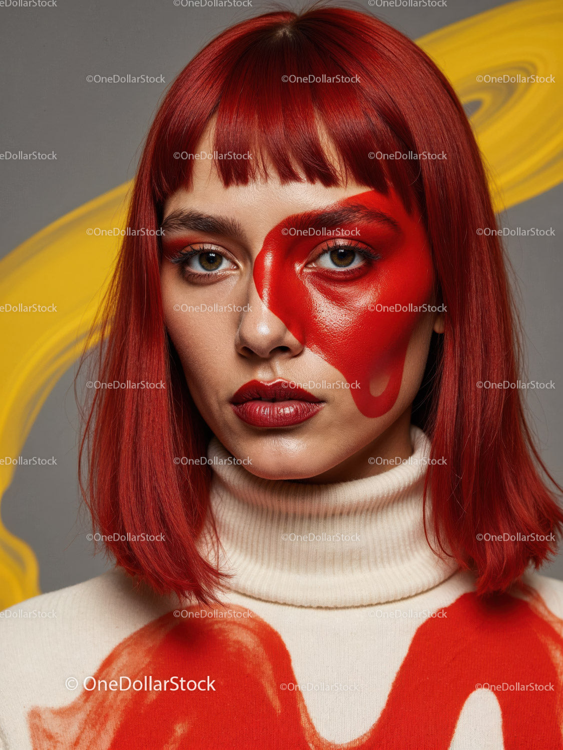 Striking Woman with Artistic Blue Face Paint and Red Lipstick