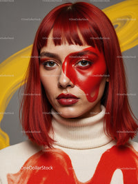 Striking Woman with Artistic Blue Face Paint and Red Lipstick