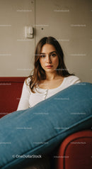 Young Woman Sitting on Couch in Casual Attire in Modern Interior