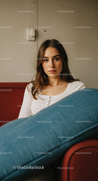 Young Woman Sitting on Couch in Casual Attire in Modern Interior