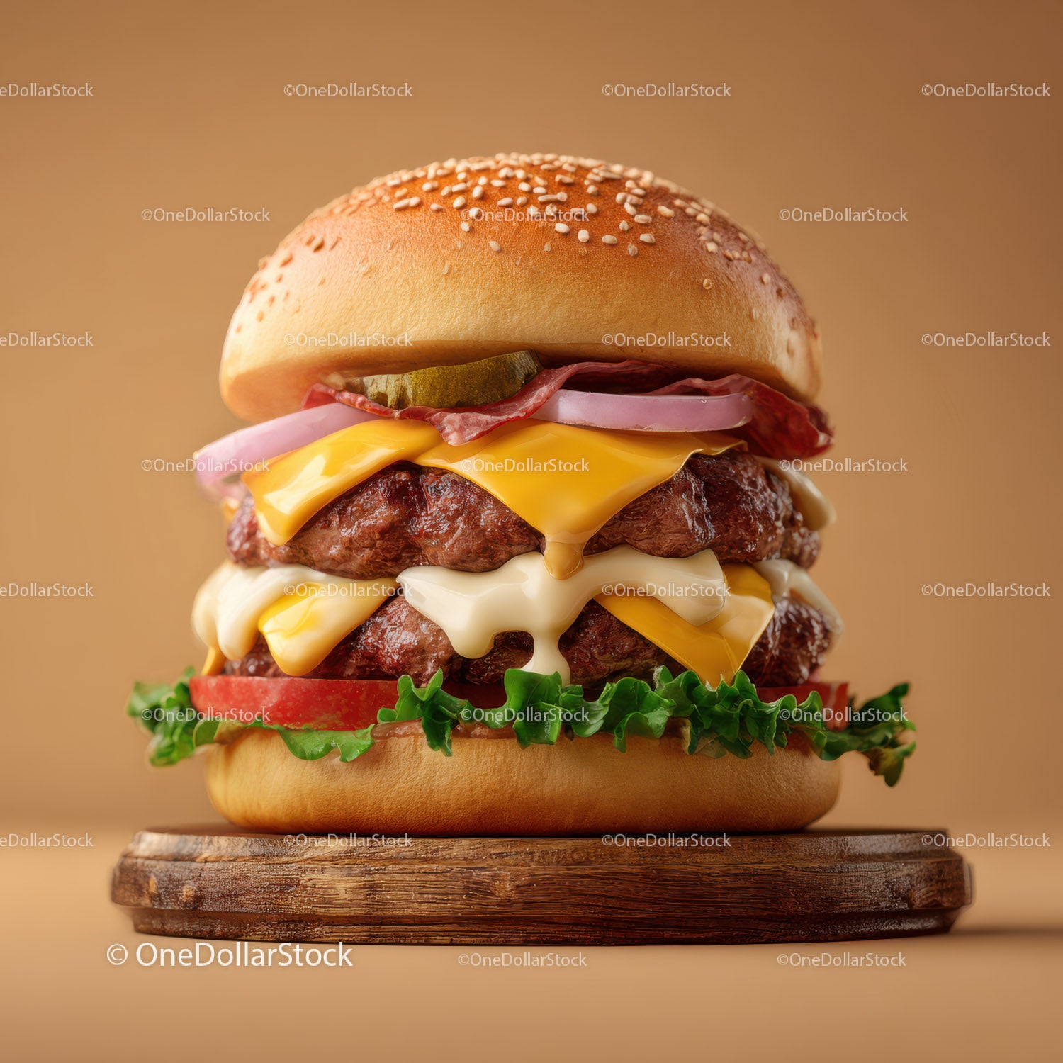 Soczysty podwójny cheeseburger z sałatą, pomidorem i boczkiem