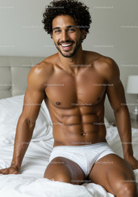 Smiling muscular man in white briefs sitting on bed