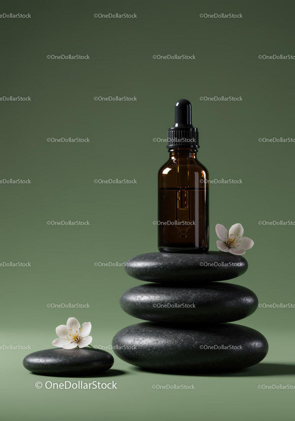 Amber Glass Dropper Bottle with Flowers and Stones for Wellness JPG Mockup Image