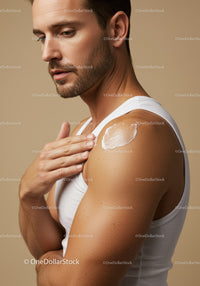 Man Applying Sunscreen Cream on Shoulder for Sun Protection