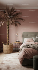 Elegant Pink Bedroom with Tall Indoor Palm and Soft Lighting