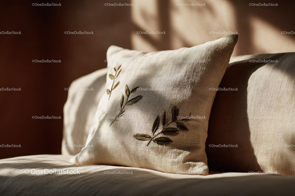Embroidered Decorative Linen Pillows in Cozy Living Room Setting