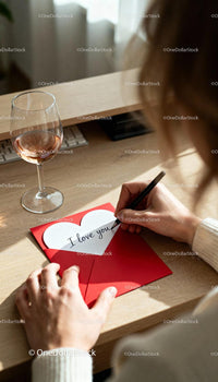 Writing a Heartfelt Love Note with Wine on Wooden Desk