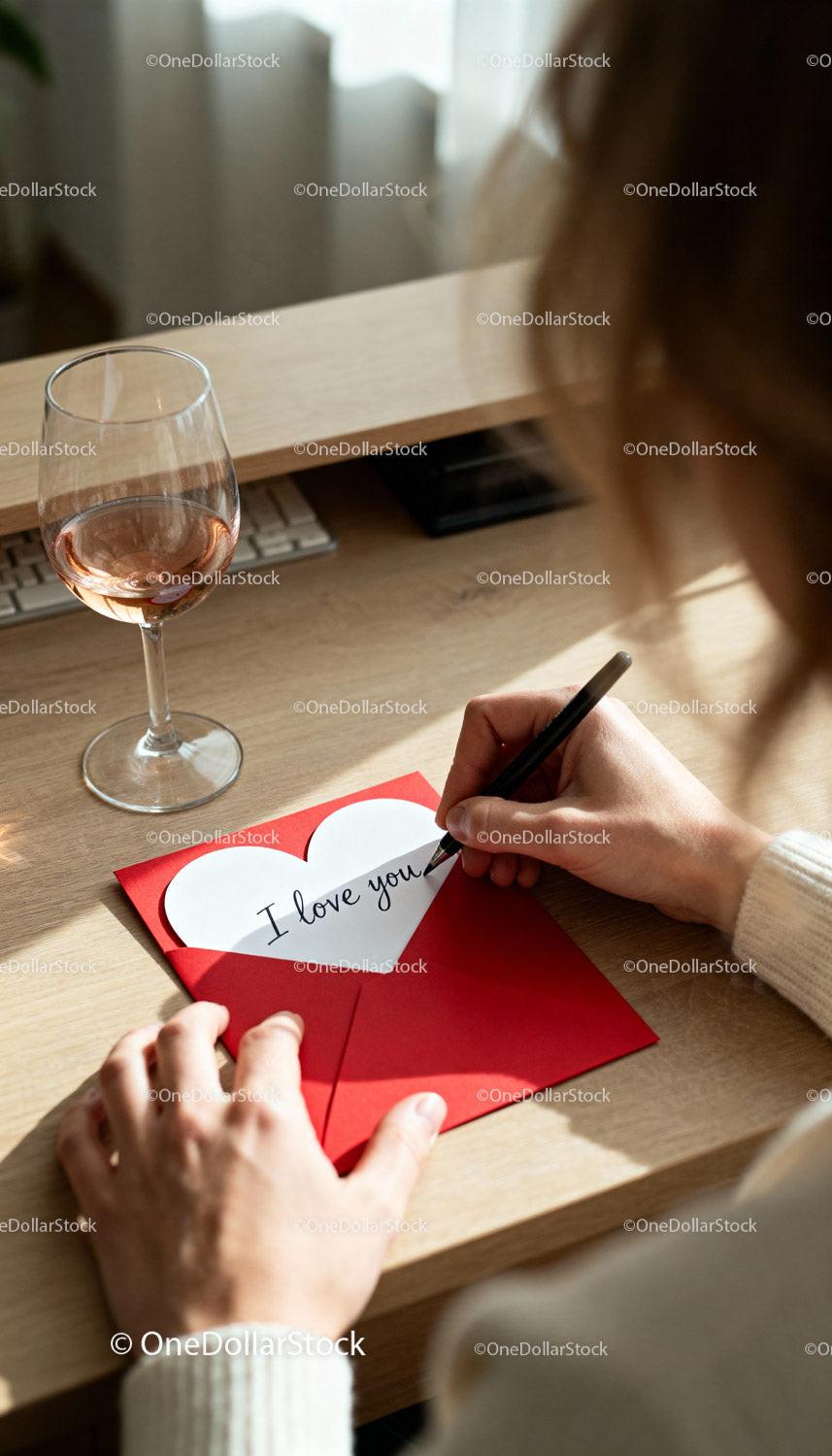 Writing a Heartfelt Love Note with Wine on Wooden Desk