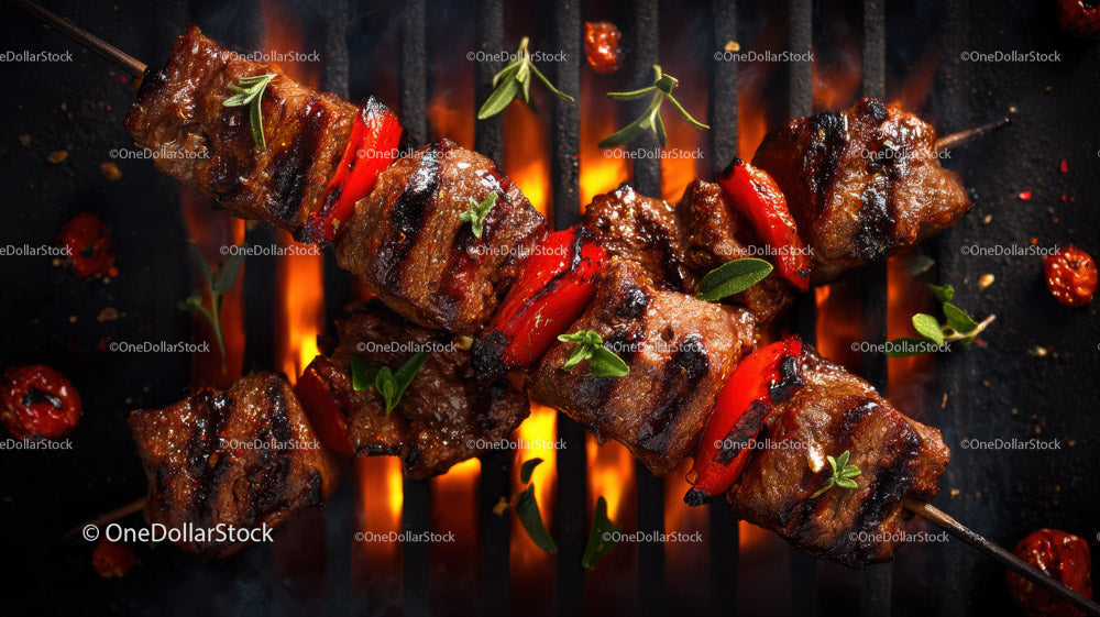 Juicy Grilled Meat Skewers with Charred Edges on Open Flame