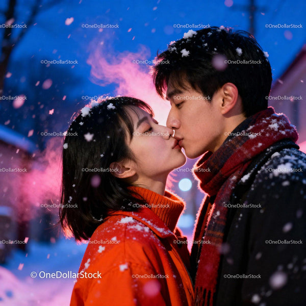 Couple sharing romantic kiss in snowy winter evening