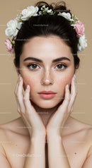 Portrait of a Beautiful Woman with Freckles and Floral Headband
