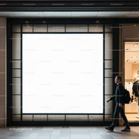 Man walking past large illuminated blank advertising display