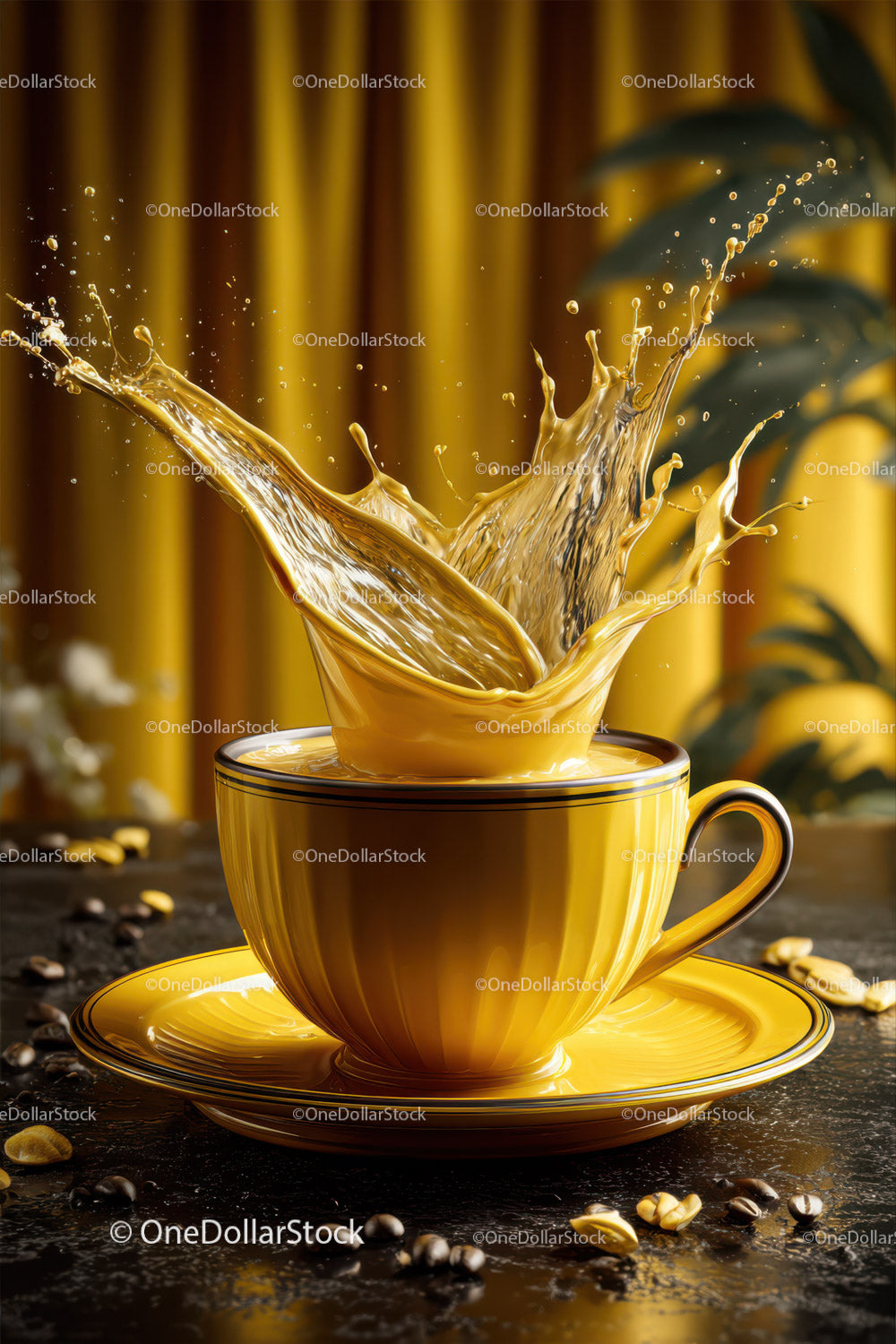 Vibrant Coffee Splash in Yellow Ceramic Cup with Beans