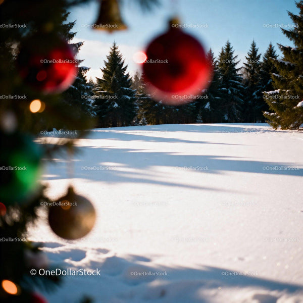 Festive Christmas ornaments with snowy pine forest backdrop