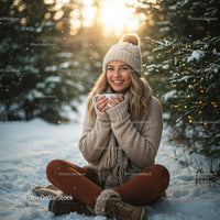 Smiling woman enjoying hot drink in snowy winter forest