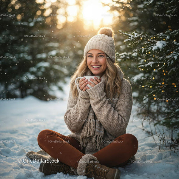 Smiling woman enjoying hot drink in snowy winter forest