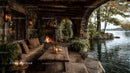 Rustic Riverside Cabin with Stone Fireplace Surrounded by Autumn Foliage