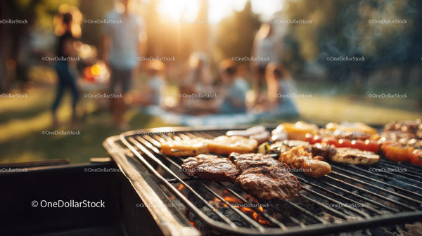 Grill na świeżym powietrzu z różnorodnym mięsem i warzywami w letniej scenerii