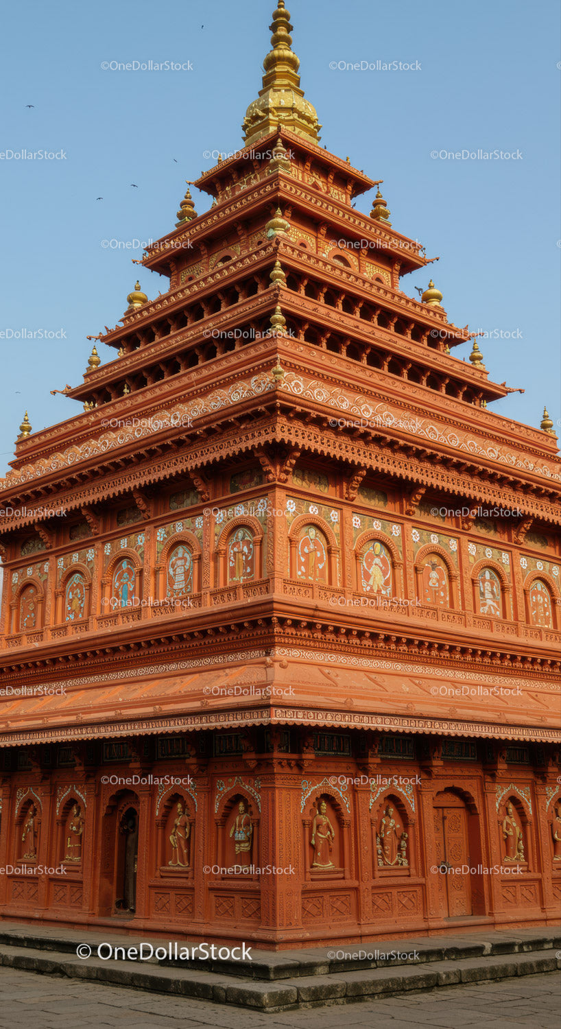 Red and Gold Tiered Buddhist Temple with Ornate Decorations