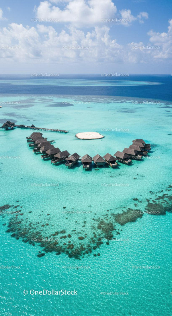 Aerial View of Overwater Bungalows and Turquoise Ocean in Tropical Paradise
