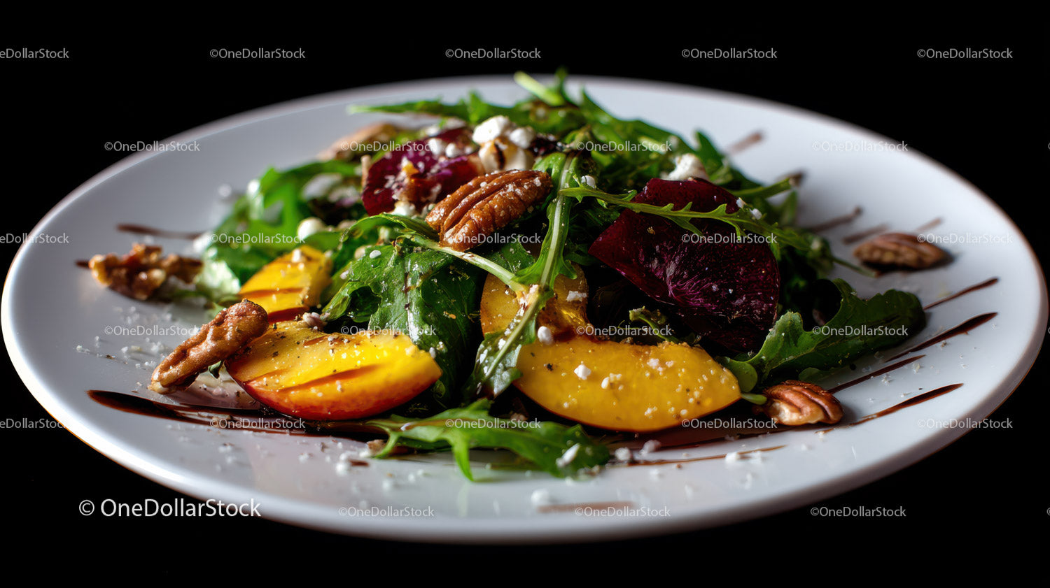 Fresh Salad with Peaches Beets Pecans and Cheese in Food Plating