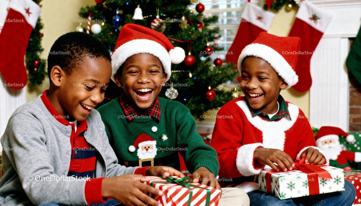 Joyful children exchanging Christmas gifts by tree