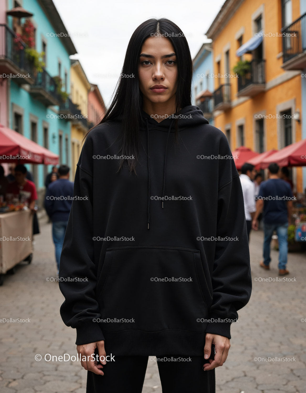 Fashionable Woman Wearing Black Hoodie in Urban City Street