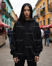 Fashionable Woman Wearing Black Hoodie in Urban City Street