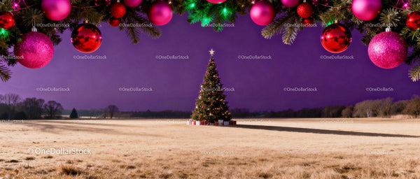 Decorated Christmas tree in open field at twilight