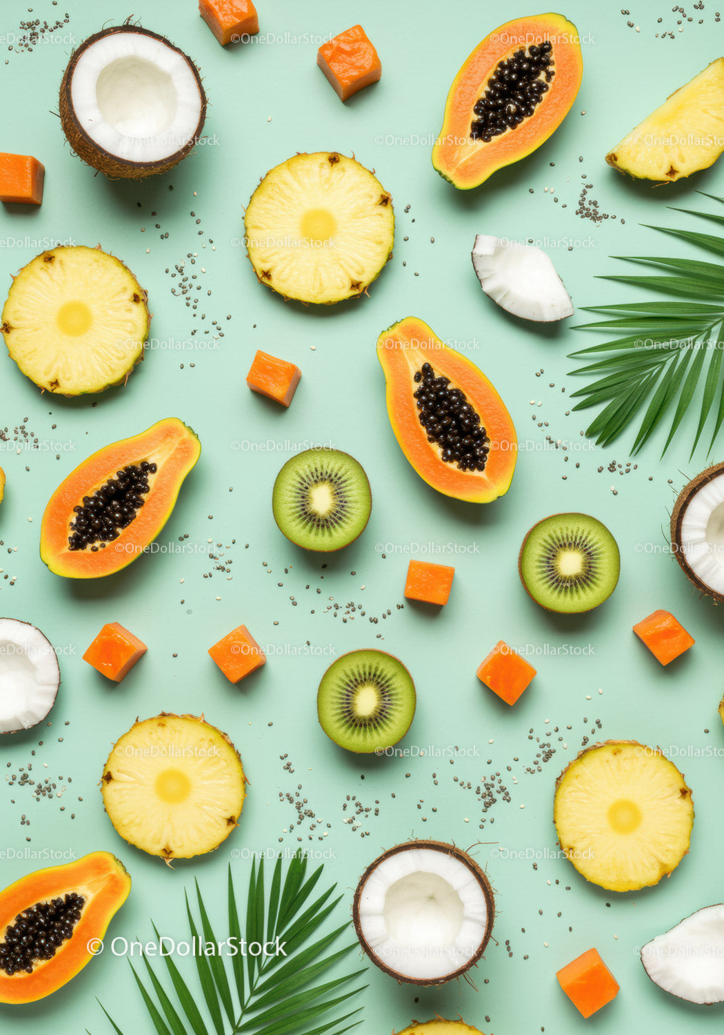 Tropical fruits arranged on pastel green background