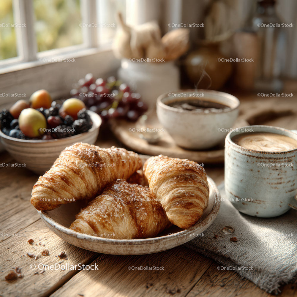 Świeżo upieczone croissanty z kawą i owocami na rustykalnym stole