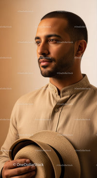 Elegant Man in Traditional Attire with Hat in Soft Lighting