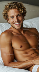 Smiling young man relaxing comfortably on bed
