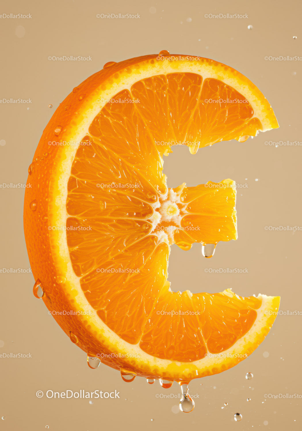 Fresh Orange Slice with Water Droplets Close Up