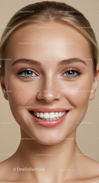 Close-up portrait of smiling young woman with freckles