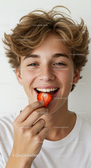Smiling Teenage Boy Enjoying Fresh Strawberries in Bright Portrait