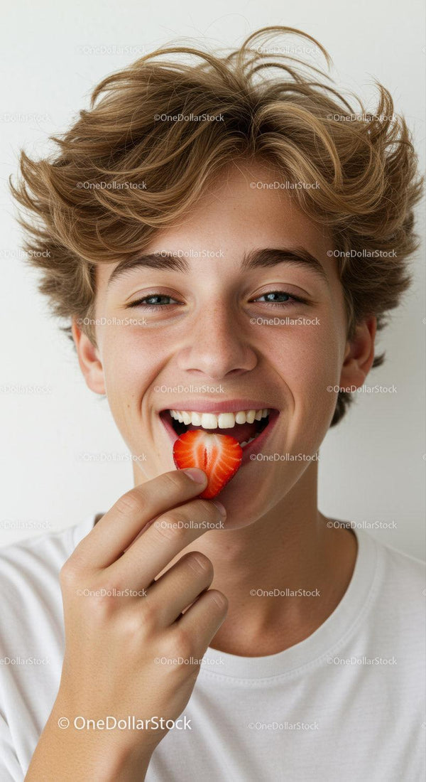 Smiling Teenage Boy Enjoying Fresh Strawberries in Bright Portrait