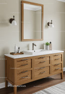 Wooden Bathroom Vanity with Mirror and Wall Sconces for Modern Home