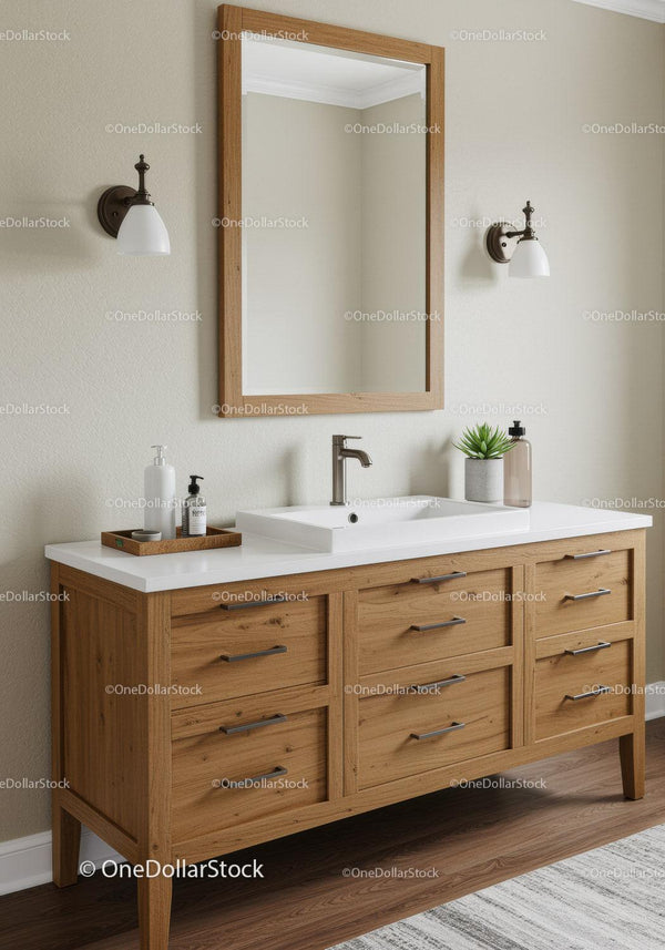 Wooden Bathroom Vanity with Mirror and Wall Sconces for Modern Home