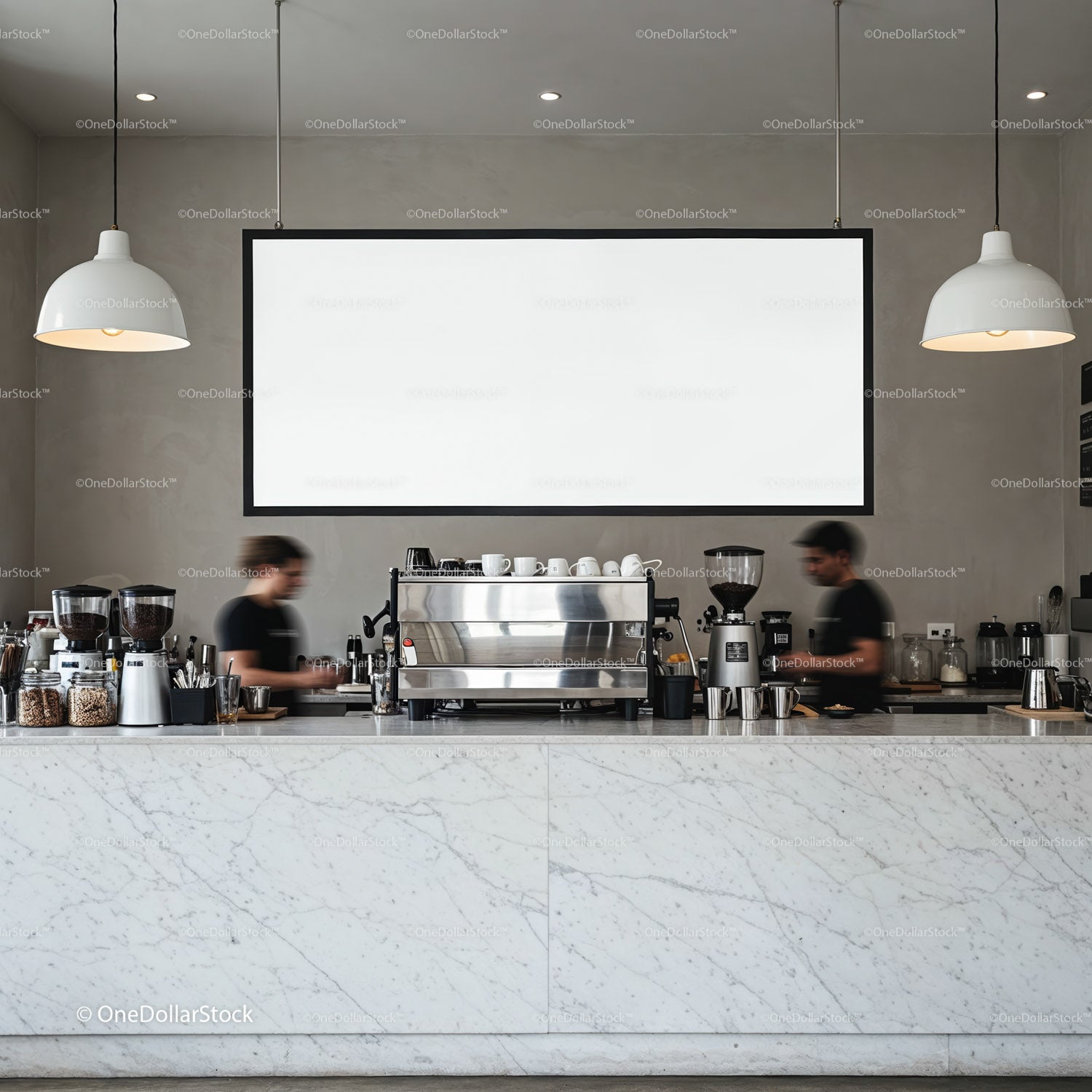 Baristas Preparing Coffee Behind Modern Marble Counter