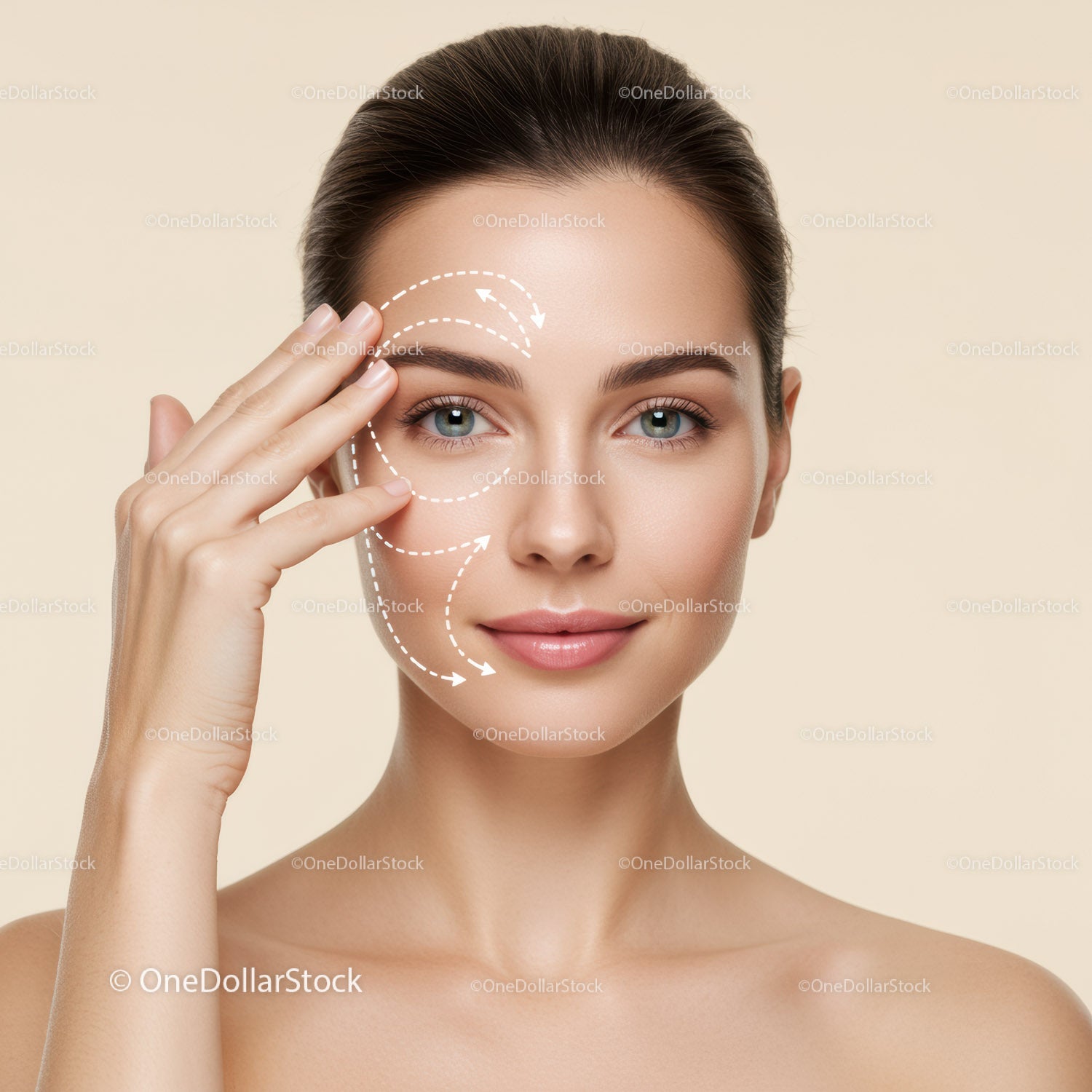 Young Woman Performing Facial Skincare Routine with Markings