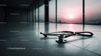 Modern Stethoscope on Clinic Floor with Sunset View in the Background