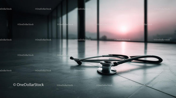 Modern Stethoscope on Clinic Floor with Sunset View in the Background