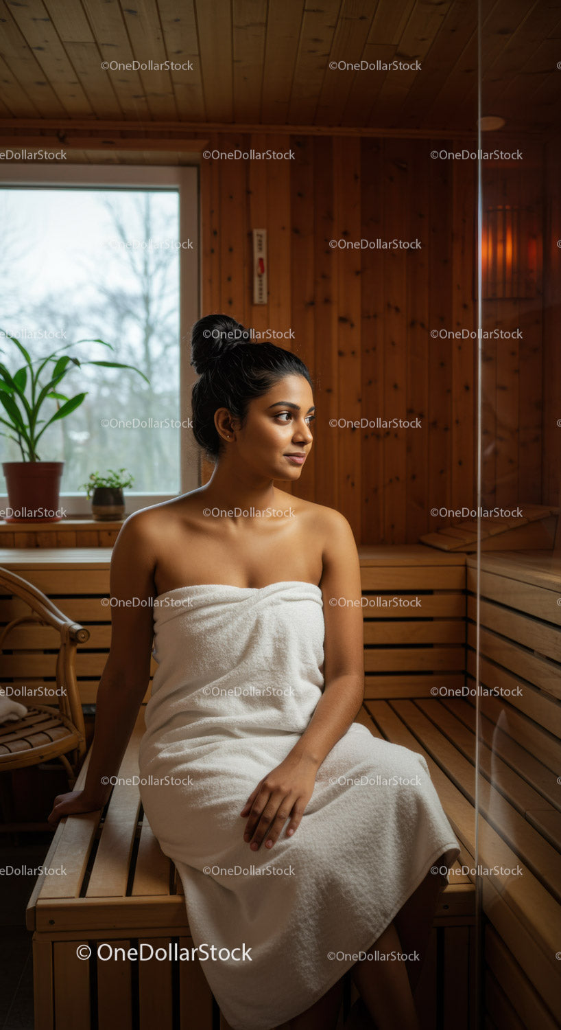 Relaxing Woman Sitting in Wooden Sauna With Towels and Natural Light