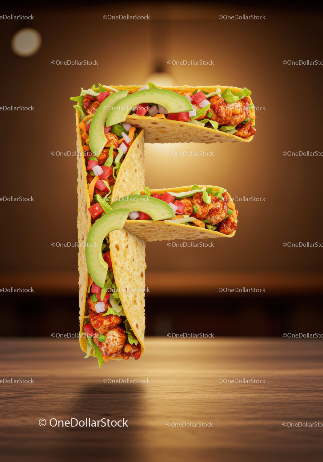 Letter F formed from appetizing taco ingredients